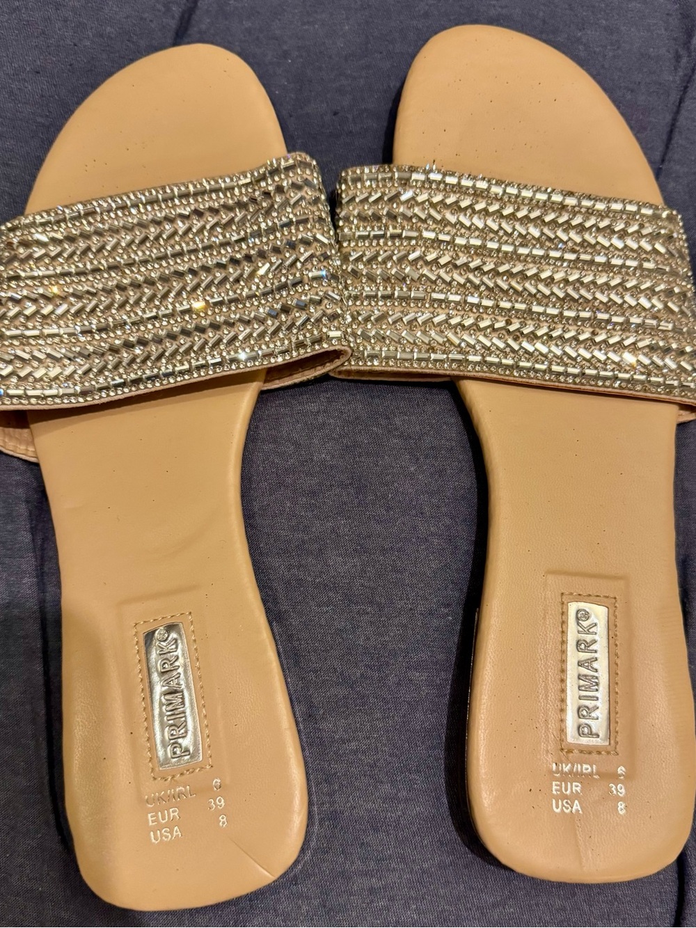 Primark Nude Slides with Gold Beaded Straps
